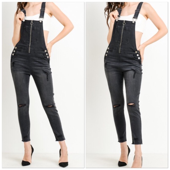 🆕DARK GREY-BLACK Stretchy Ripped Knee Distressed Zip Front Denim Overalls NWT - Picture 9 of 11